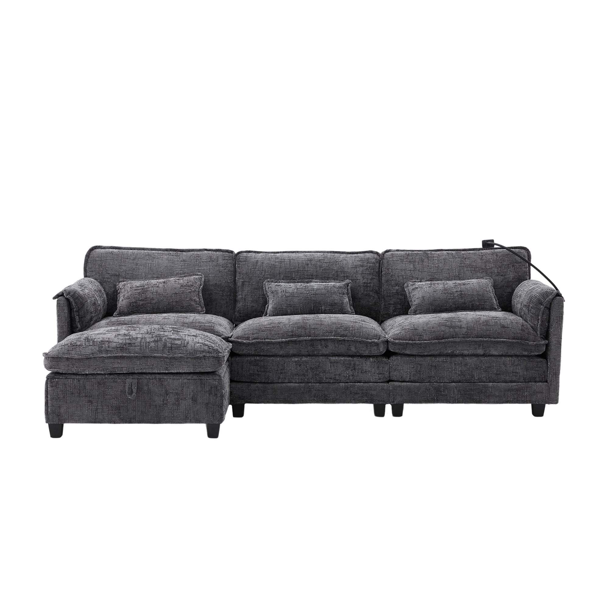 ECKSOFA mit USB-Anschluss und Seitentasche Chenille Grau 279/83/85 cm - Grau, Textil (279/83cm) - OKWISH