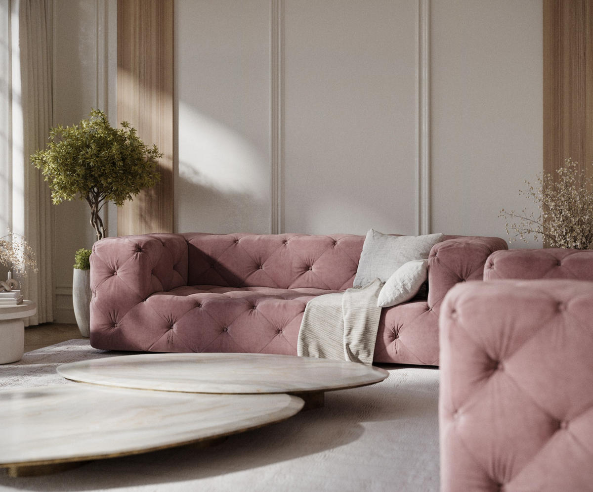 3-SITZER-SOFA Cosimo Rosa Samtstoff - Schwarz/Rosa, Holz/Holzwerkstoff (230/71/100cm) - Maison de Reve