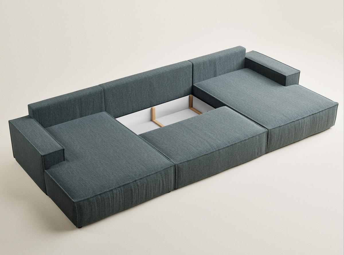WOHNLANDSCHAFT Kyoto Blau Webstoff - Blau/Schwarz, Holz/Holzwerkstoff (398/70/148cm) - Maison de Reve