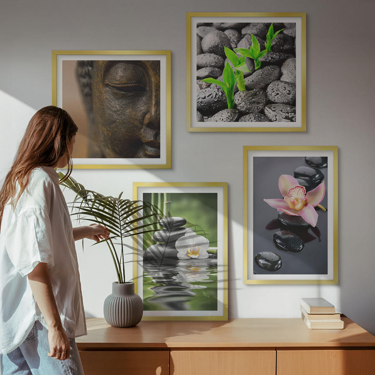 BILDER SET 4er Set - 50x50 cm & 40x60 cm Goldrahmen - Friedliche Zen-Blumen-Buddha-Komposition - Goldfarben, Kunststoff (50/50cm) - TULUP