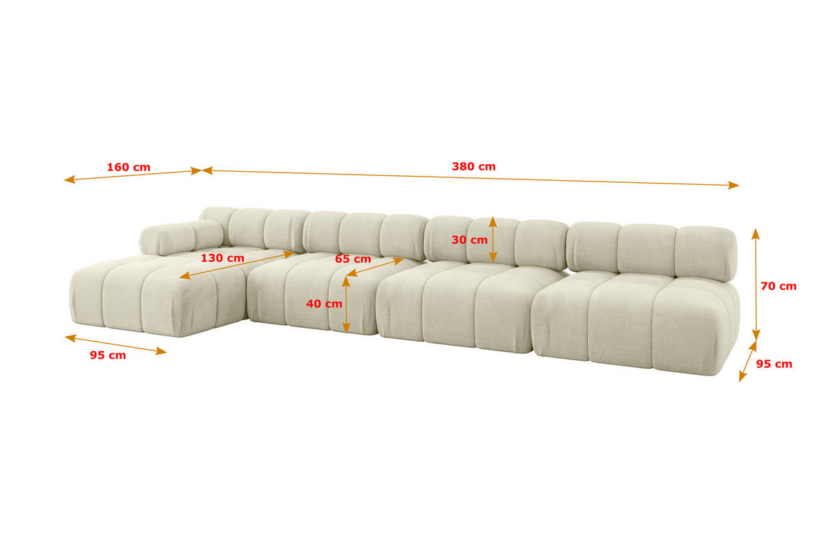 ECKSOFA modulares Sofa Razon-L3 - 380x160x70 cm Beige Velours - Beige, Holzwerkstoff/Textil (380/160cm) - ALTDECOR