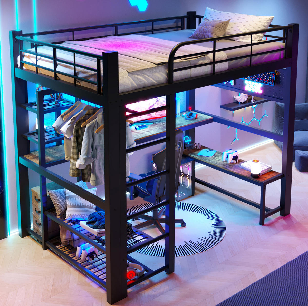 HOCHBETT 140/200 cm aus Metall mit LED-Lichtleiste, Schwarz - Schwarz, Metall (140/200cm) - OKMYHOME