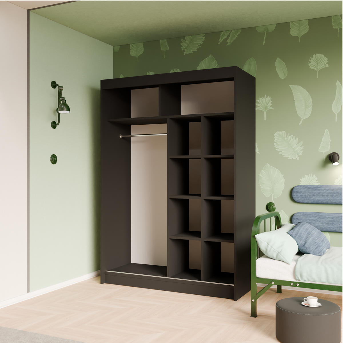 SCHIEBETÜRENSCHRANK ELIS - Schwarz/Grau, Holzwerkstoff (150/215/61cm) - Meblini