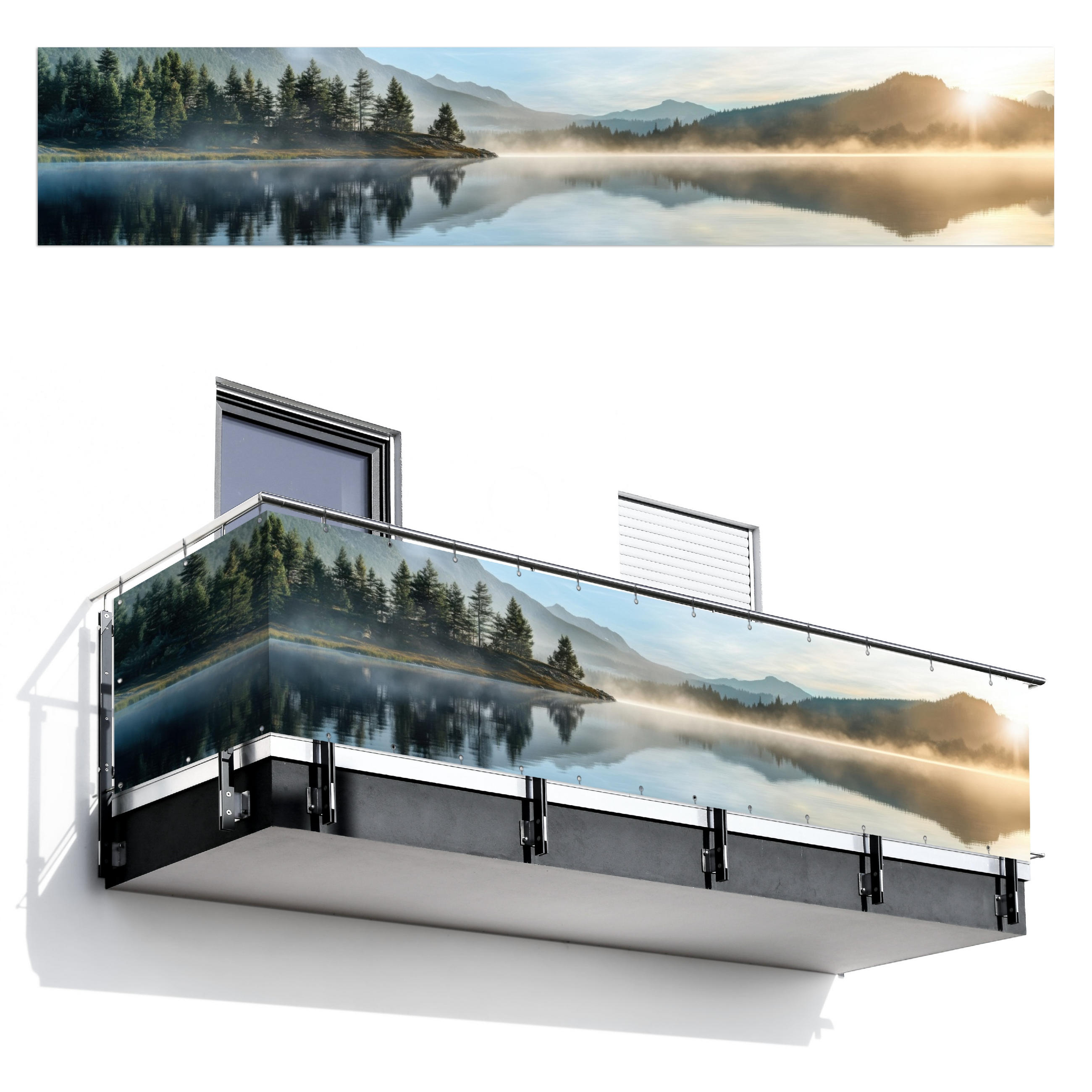 BALKON-SICHTSCHUTZ See - Nebel - Berge - Landschaft - Hellblau, Kunststoff (500/100cm) - MuchoWow