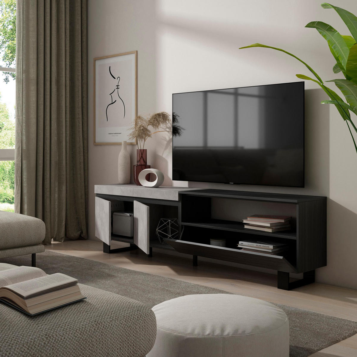 LOWBOARD, zementgrau, 200/35/57cm - Hellgrau/Grau, Holzwerkstoff (200/57/35cm) - Skraut Home