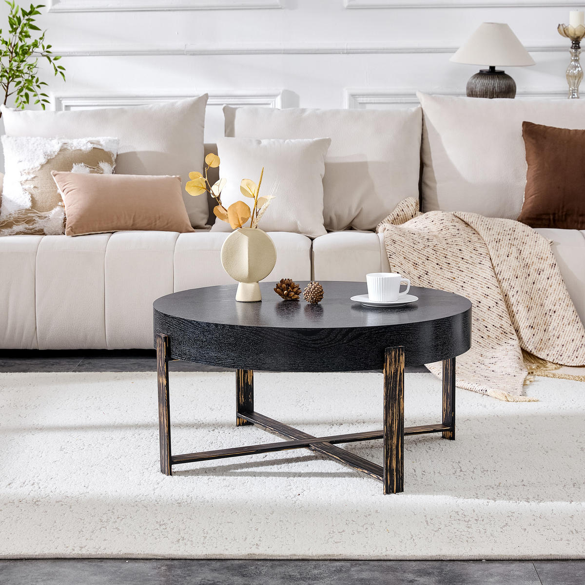 COUCHTISCH 68/68/36 cm Schwarz aus Holzwerkstoff mit Metallgestell in Antikbronze und runder Tischplatte - Schwarz, Holzwerkstoff (68/68/36cm) - OKWISH