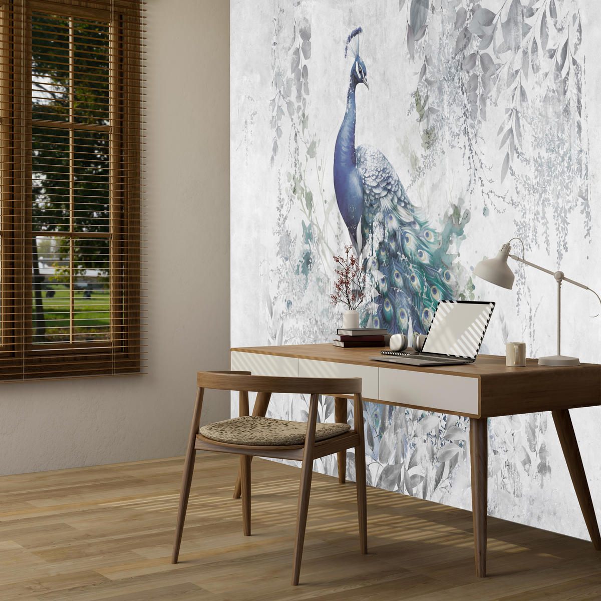 FOTOTAPETE für Schlafzimmer Abstrakte Vogel Pfau Beton Blätter 500x350 - Türkis/Blau, Papier (500/350cm) - Muralo