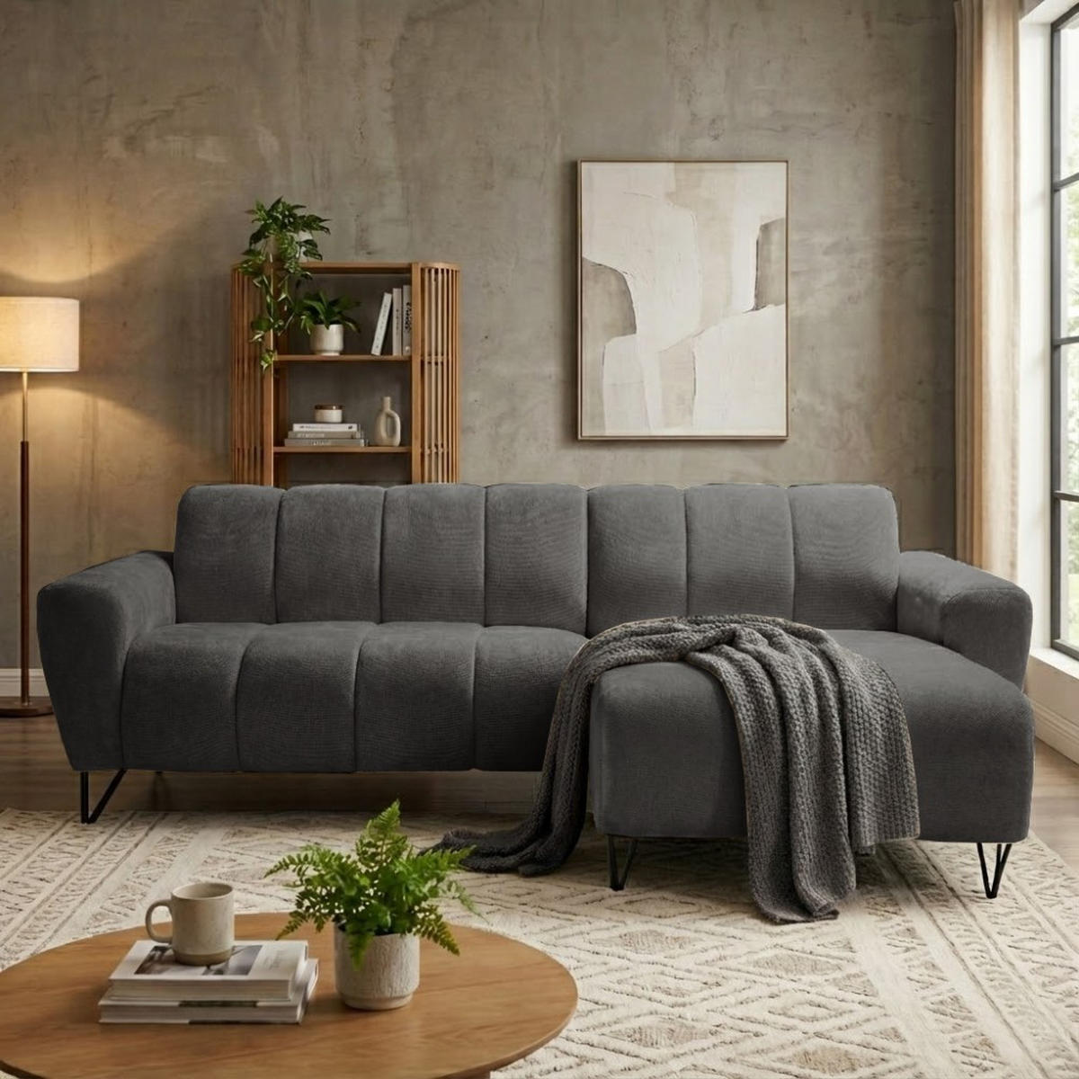 ECKSOFA Volare Mini ohne Schlaffunktion dunkelgrau, rechts, Storm-Stoff - Dunkelgrau/Schwarz, Textil/Metall (256/165cm) - Beautysofa