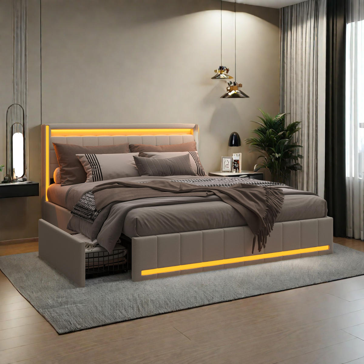 ČALÚNENÁ posteľ 140x200 béžová ľanová so zásuvkami s LED diódami - béžová, kov - SHOPENTRA