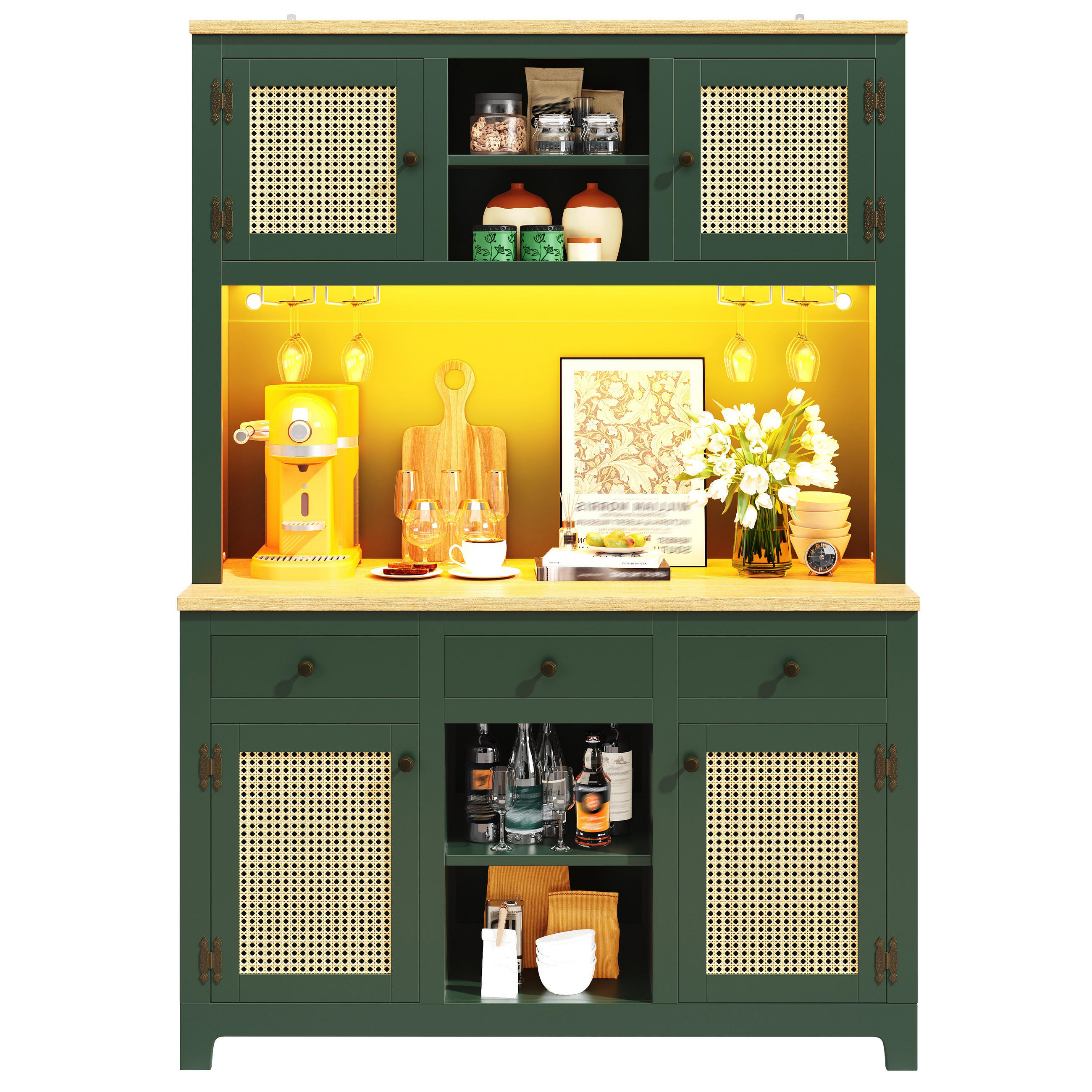 BUFFET LED Rattan Schubladen Verstellbare Böden - Grün, Holzwerkstoff (120/180/40cm) - FLIEKS