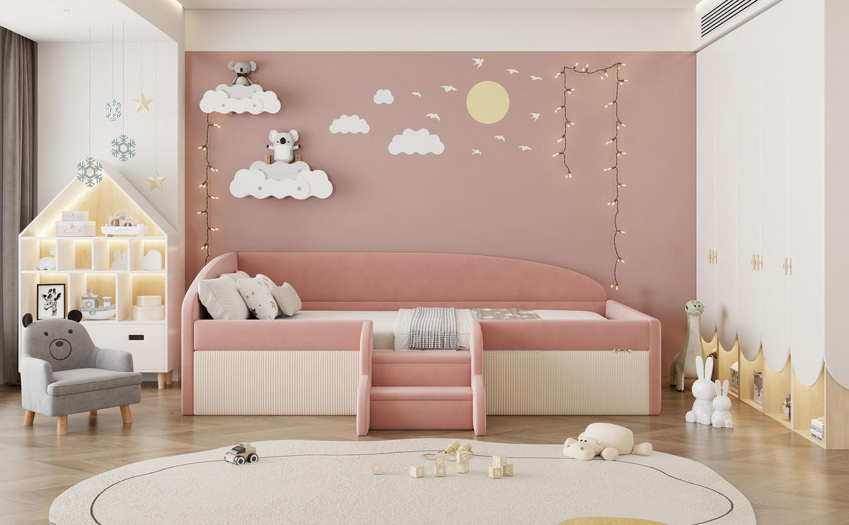 POLSTERBETT 90/190 cm in Rosa mit Stufen, Schutzbügel und Samt - Weiß/Rosa, Holzwerkstoff/Textil (90/190cm) - CHICFURN