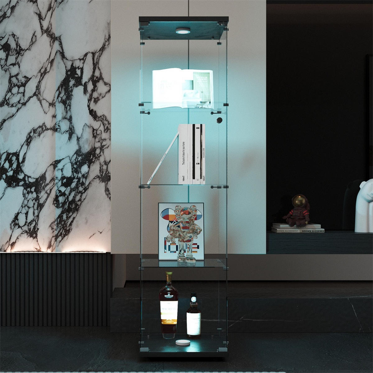 VITRINE mit LED Beleuchtung - Glaskvitrine mit 4 Ebenen und 1 Glastür - für Wohnzimmer und Büro - Schwarz - Schwarz, Glas (42.5/163.5/36.5cm) - DELFA