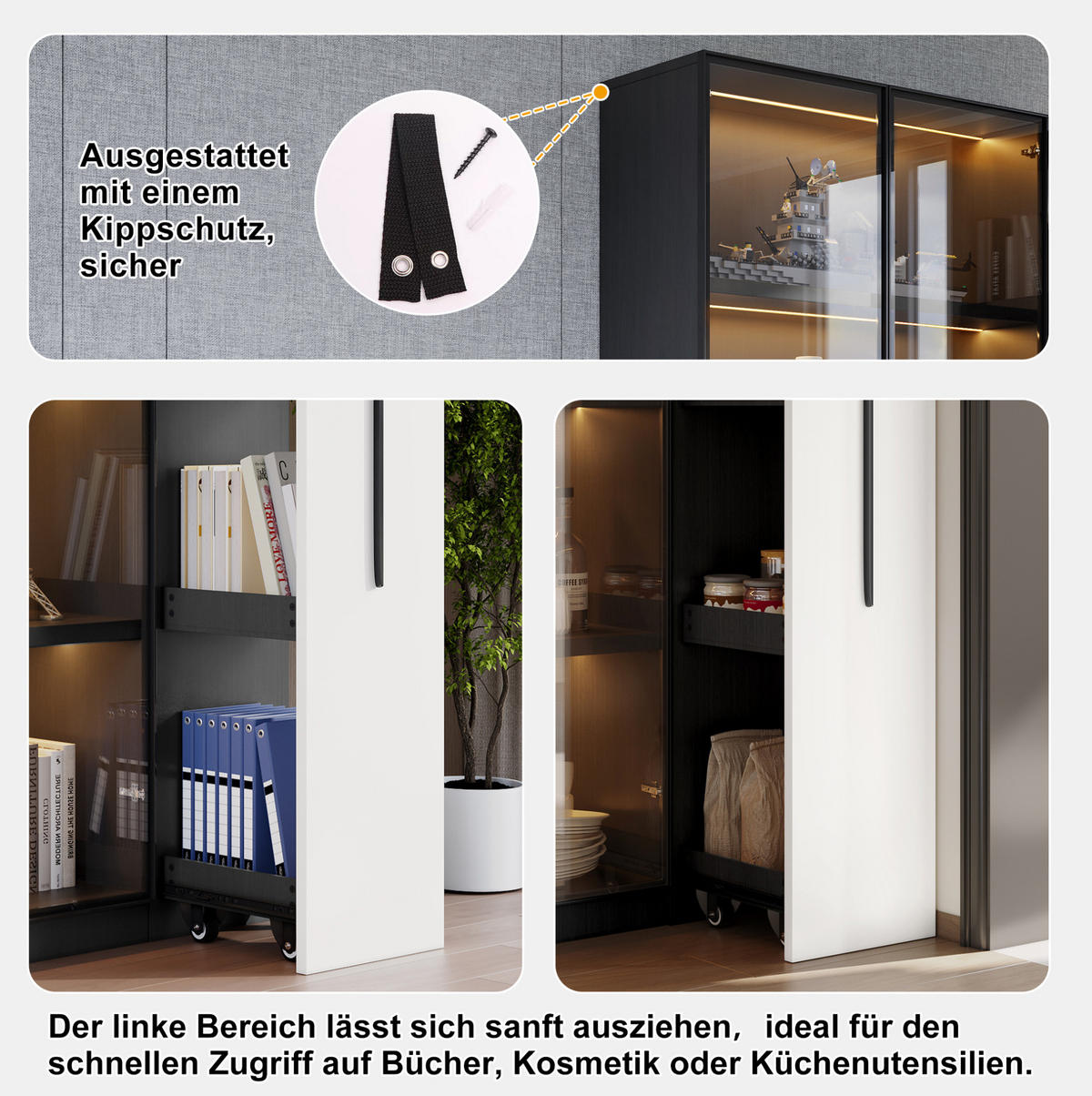 MULTIFUNKTIONSSCHRANK 110,5/35/160 cm aus MDF und Glas mit LED-Vitrine und seitlichem Auszug Schwarz/Weiß - Schwarz/Weiß, Glas/Holzwerkstoff (35/160/110.5cm) - Modenvie