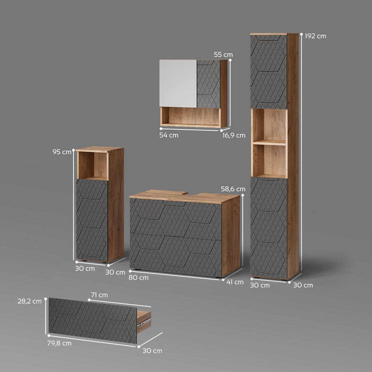 BADMÖBEL-SET Ronco Anthrazit gestreift 4 Teile, mit Schubladenschrank und Hochschrank - Anthrazit/Eiche Wotan, Holzwerkstoff (80/58/41cm) - Livinity®
