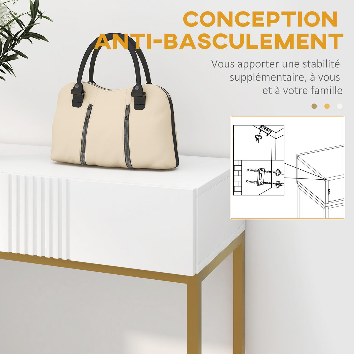 KONSOLENTISCH DE-16771 2 Schubladen, goldene Beine Weiß - Weiß, Holzwerkstoff (80/31.5/75cm) - ComfortXL