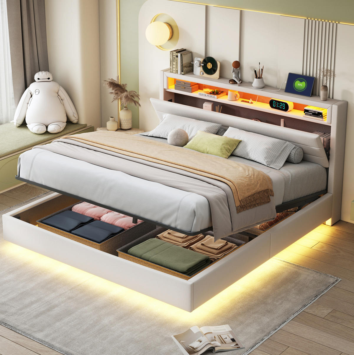 BETT mit hydraulischem Stauraum 160x200 cm Leinen Beige - Beige, Metall (160/200cm) - Beauniv