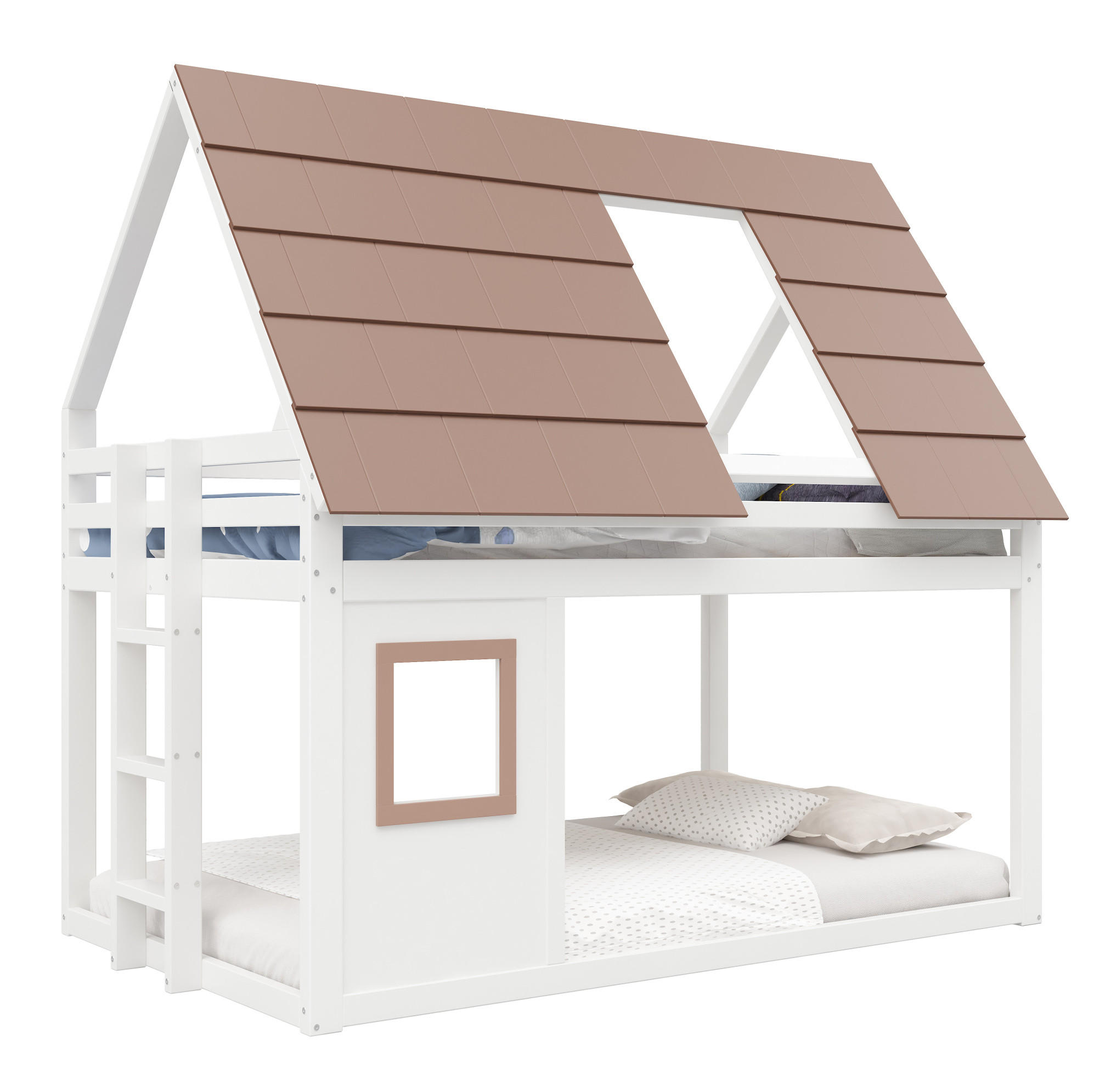 ETAGENBETT 140/200 cm, Braun/Weiß mit Dach und Leiter - Weiß, Holz (140/200cm) - MIVRAY