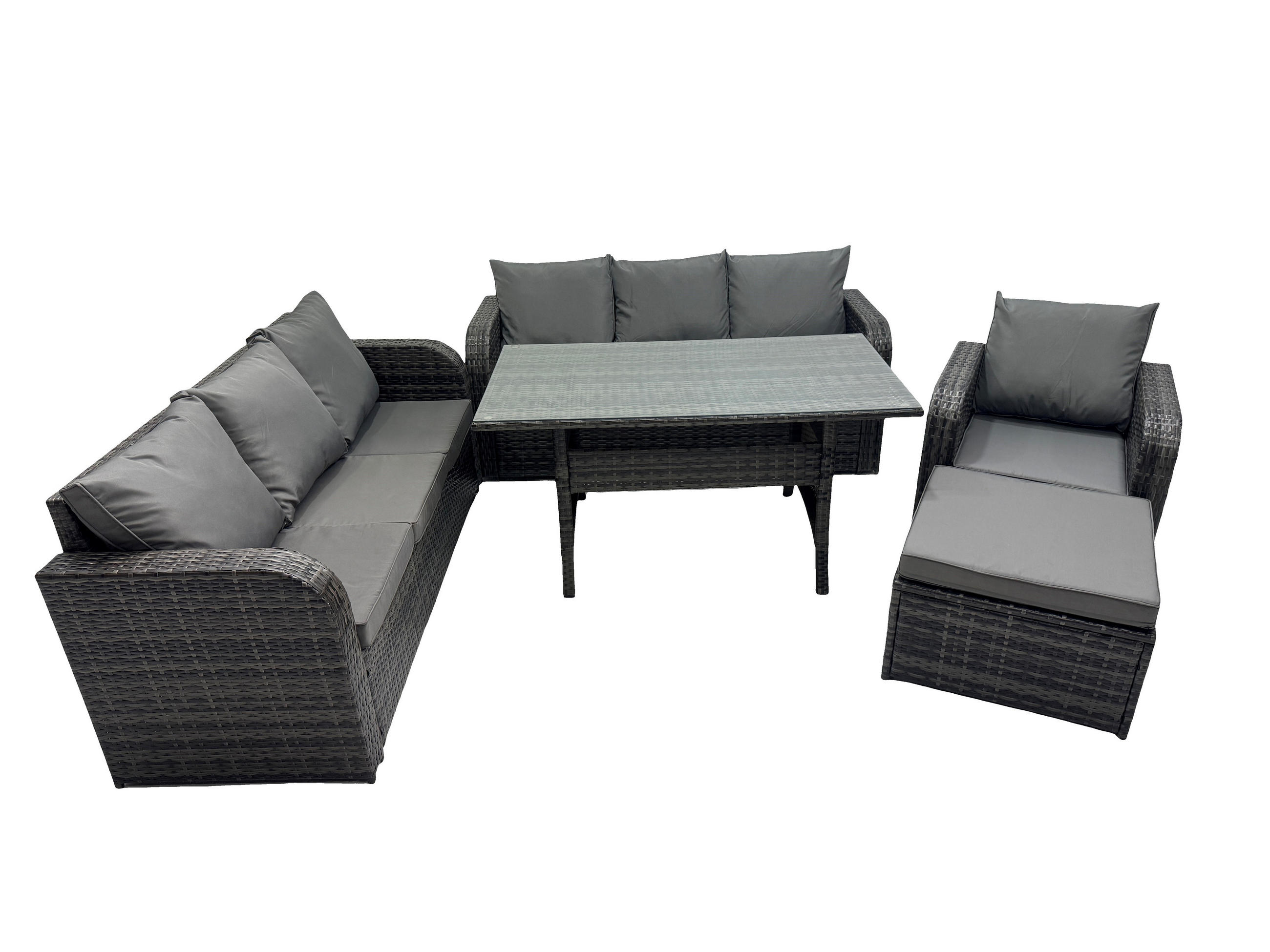 GARTENTISCHGRUPPE mit Große Fußhocker Polyrattan Dunkelgrau 8-Sitzer - Dunkelgrau/Grau, Glas/Kunststoff - Fimous