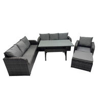 GARTENTISCHGRUPPE mit Große Fußhocker Polyrattan Dunkelgrau 8-Sitzer - Dunkelgrau/Grau, Glas/Kunststoff - Fimous