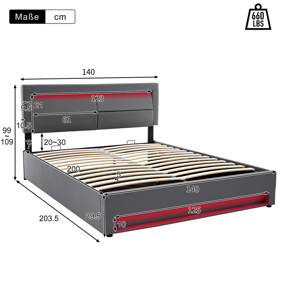 POLSTERBETT 140/200 cm Grau mit USB-Anschluss und LED-Beleuchtung - Grau, Kunststoff (140/200cm) - OKWISH