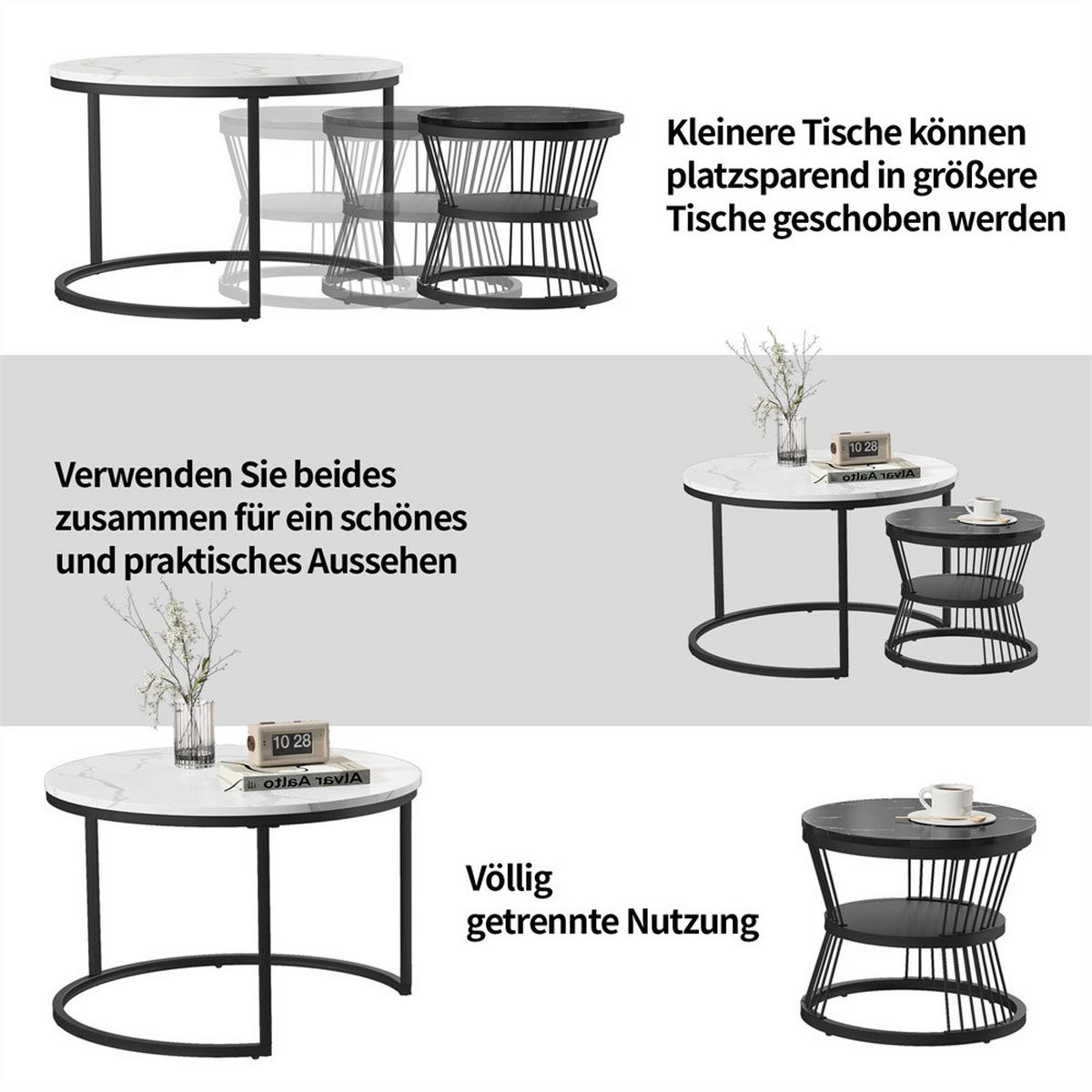 COUCHTISCH 2er-Set - Runder Couchtisch - Durchmesser 70 cm und Durchmesser 45 cm - Weiß und Schwarz - Schwarz, Holzwerkstoff (70/70/45cm) - DELFA