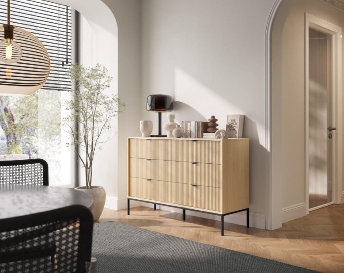 KOMMODE Vicenza Eiche KS154 Geriffelt Schwarze Beine - Beige, Holzwerkstoff (154/91/39cm) - Sepro Meble