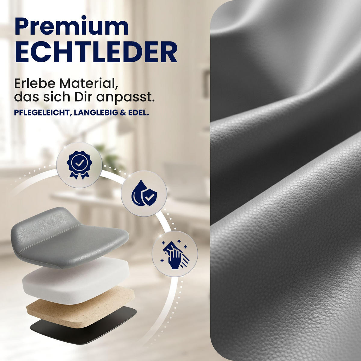 CHEFSESSEL Echtleder Grau - Chromfarben/Grau, Leder/Metall (78/114/66cm) - CLP