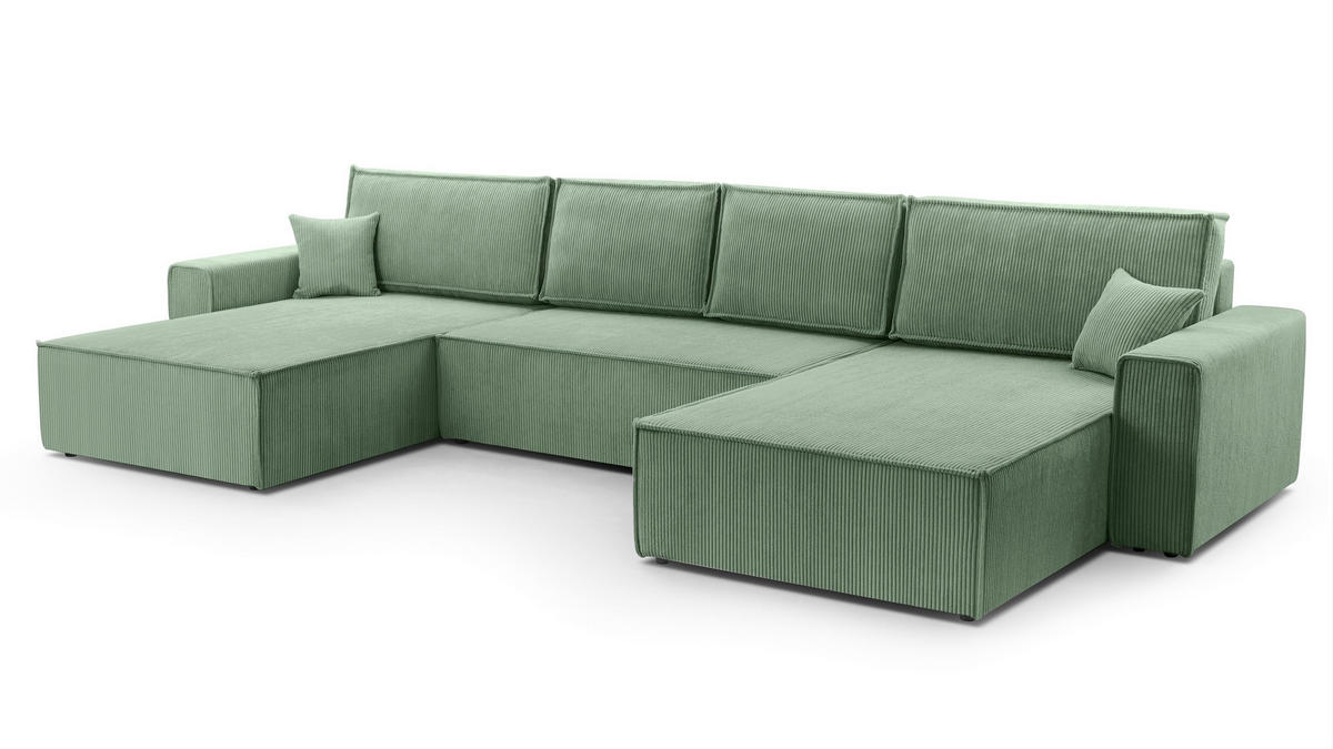 WOHNLANDSCHAFT Cedria Salbeigrün 389/145/85 cm mit Schlaffunktion - Schwarz/Grün, Kunststoff/Textil (389/85/145cm) - AX Living