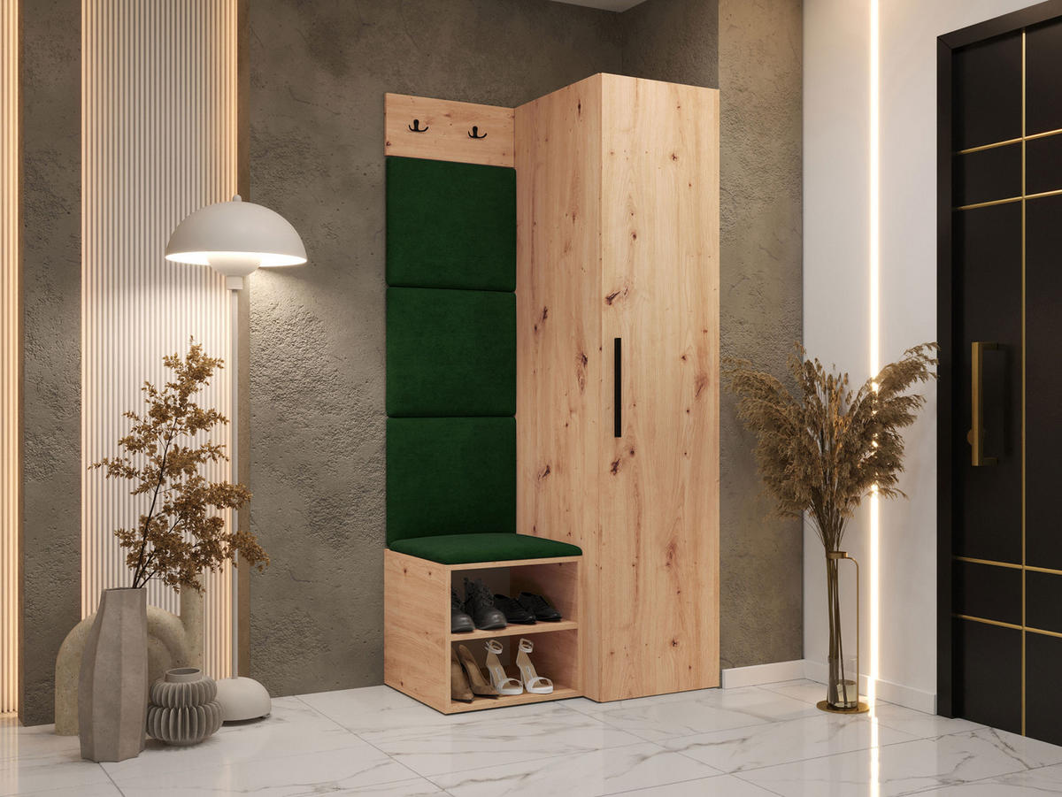 MOBILIER PENTRU HOL Medi III - verde/stejar Artisan, material plastic/compozit lemnos (40/191/50cm) - MIRJAN24