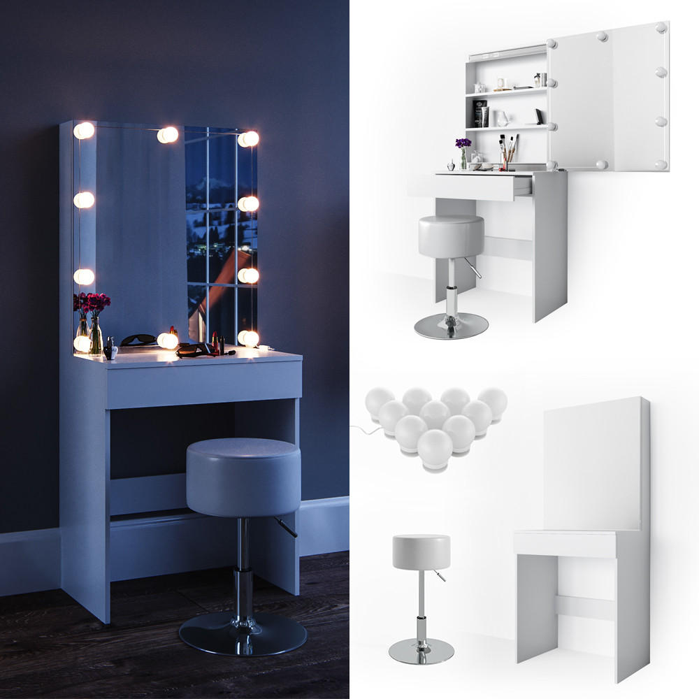 SCHMINKTISCH Melle Weiß 68 cm mit LED Beleuchtung und Hocker - Weiß, Holzwerkstoff (68/155/42cm) - Vicco