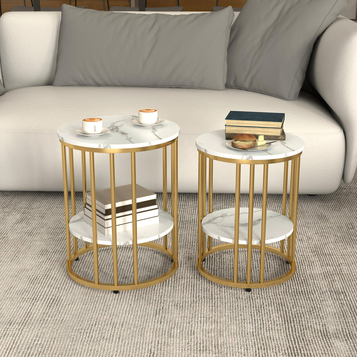 COUCHTISCH rund 2er Set Beistelltisch mit Ablage, Stahlrahmen, Marmoroptik Weiß - Weiß, Holzwerkstoff (45/45/55cm) - HOMCOM