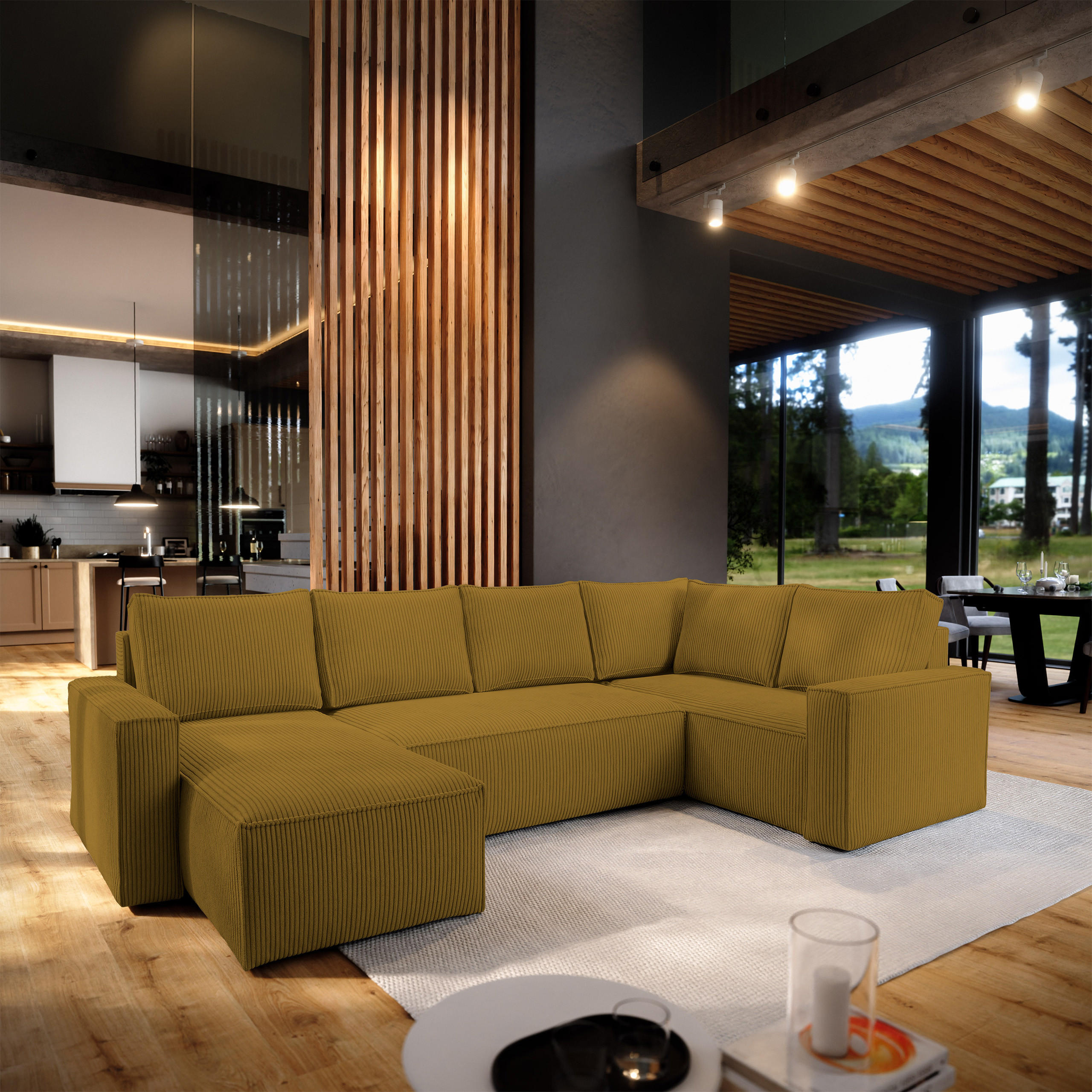 WOHNLANDSCHAFT NORENA R-S Gelb Kordstoff mit Schlaffunktion - Gelb, Holz (295/85/157.5cm) - MASSENO