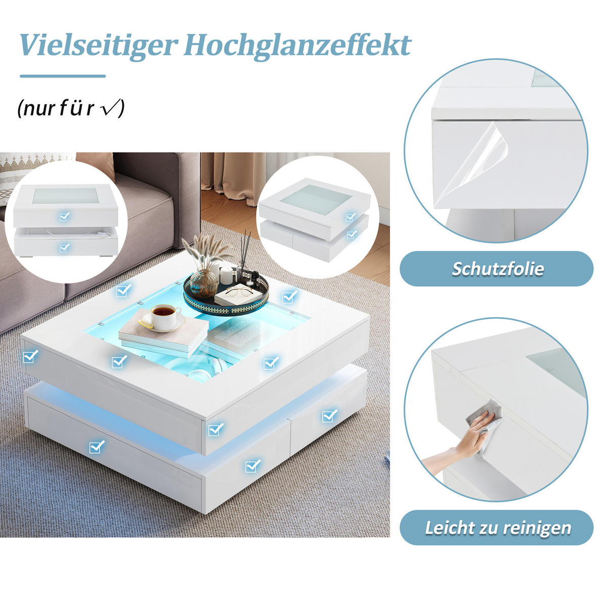 COUCHTISCH 70x70 cm Weiß Hochglanz mit Glasplatte & LED - Weiß, Holzwerkstoff (70/70/35cm) - Urban Meuble