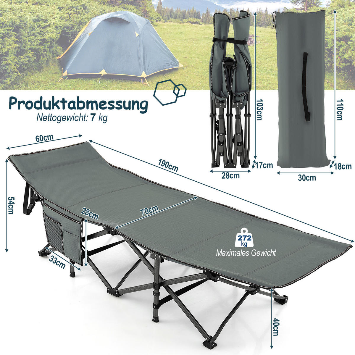 CAMPINGLIEGE Klappbare Grau - Grau, Metall - COSTWAY