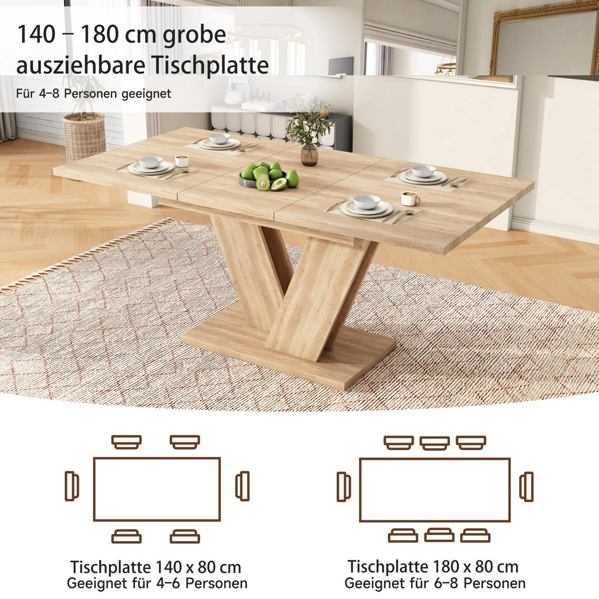 JÍDELNÍ stůl 140/180/80 cm dubový z MDF rozkládací s V-nohami - barva dubu, kompozitní dřevo (180/80/75.5cm) - OKWISH