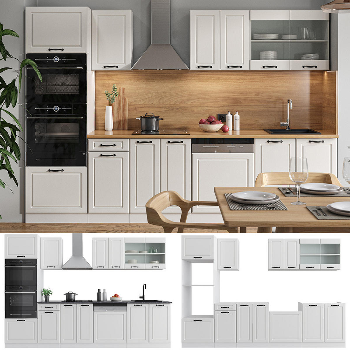 KÜCHENZEILE R-Line Weiß Landhaus/Weiß 300 cm mit Hochschrank, ohne AP - Creme/Weiß, Holzwerkstoff (300/81.6/46cm) - Vicco