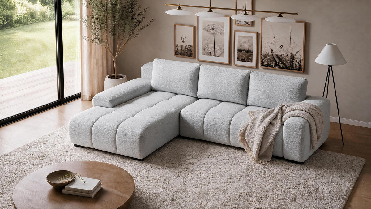 ECKSOFA Ovia mit Bettkasten und Schlaffunktion, Bouclé-Stoff in L-Form - Hellgrau, Textil (270/185cm)