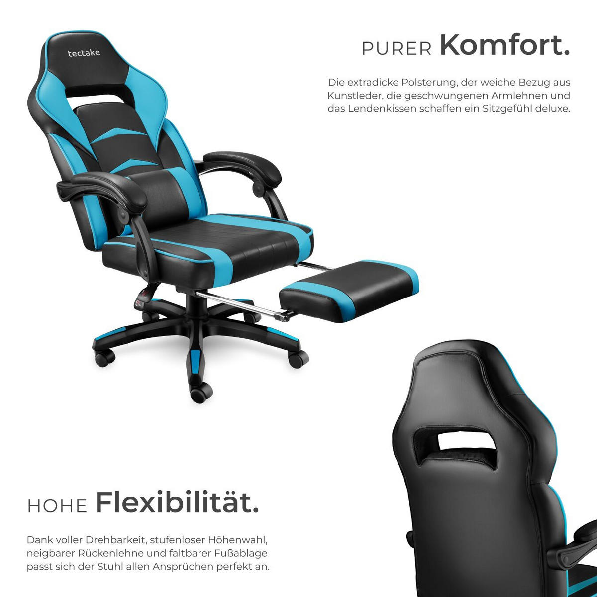 BÜROSTUHL Racing Comodo, Belastbarkeit 120 kg,schwarz/azur - Schwarz/Hellblau, Textil (70/127.5/69cm) - tectake