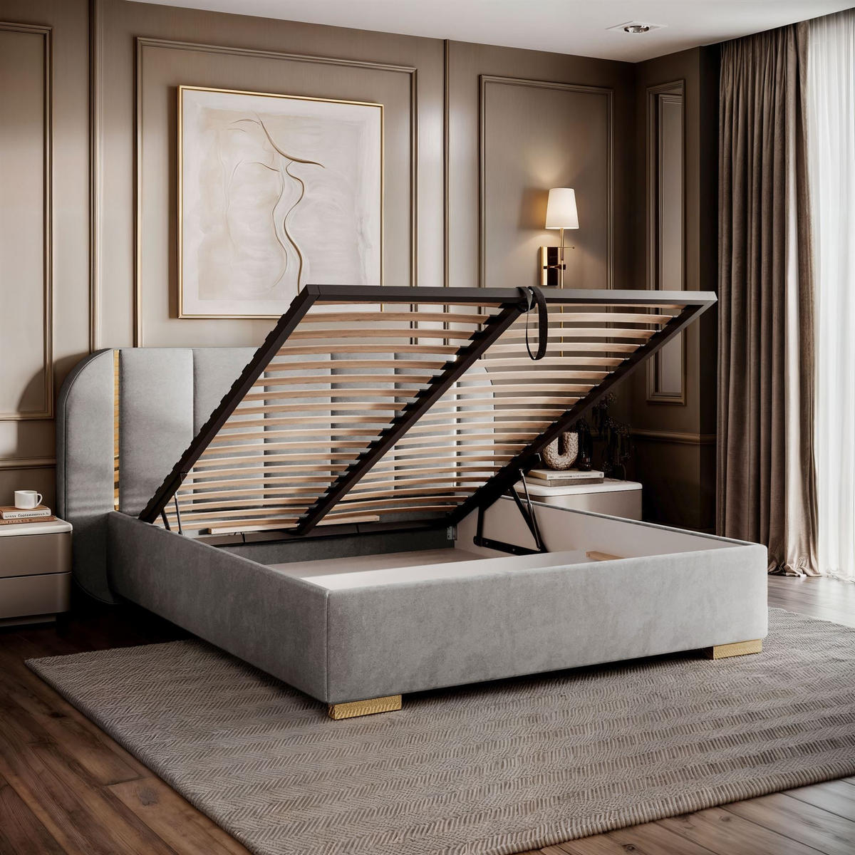 BETT AMARA GOLD 140x200 gepolstert mit Stauraum und Lattenrost, Royal Velvet 251 - Grau, Textil (140/200cm) - Lookway