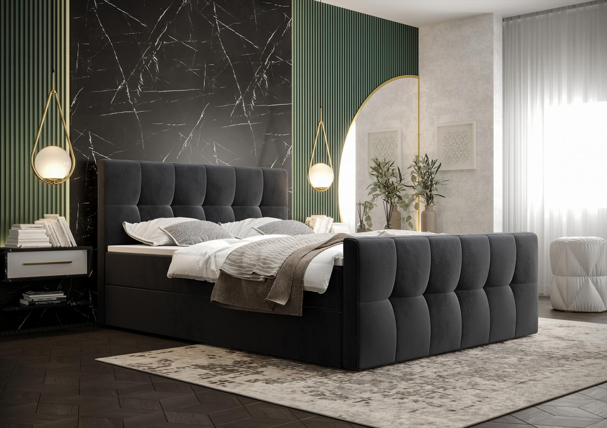BOXBETT MANHATTAN mit Matratze H3, Bonell und Topper 180x200 Monolith 97 - Dunkelgrau, Holz/Textil (180/200cm) - Bedante