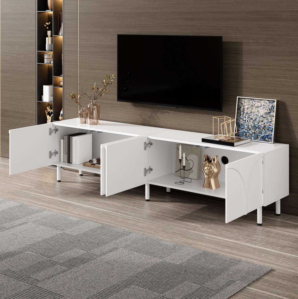 TV-SCHRANK mit 4 Türen 180 cm Weiß mit Metallfüßen - Weiß, Holzwerkstoff (35/49/180cm) - Beauniv
