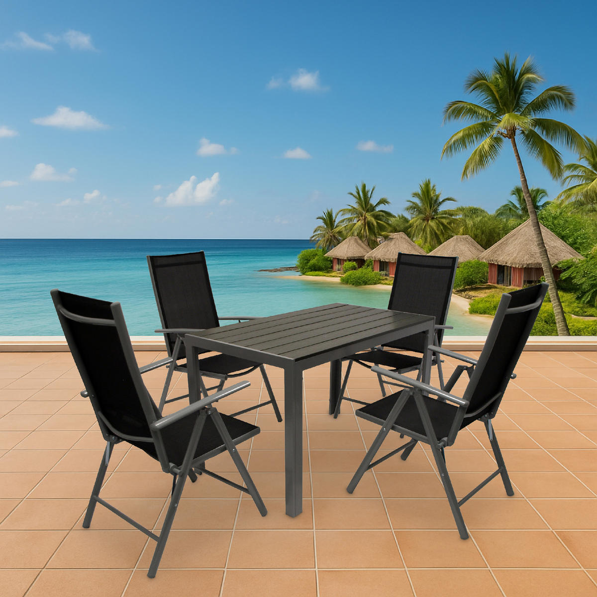 GARTEN-GARNITUR Ashford - 5-tlg. (4x Klappsessel mit Armlehnen, 1x Tisch 125x70cm), Gestelle aus Aluminium grau - Schwarz, Metall - TPFGarden