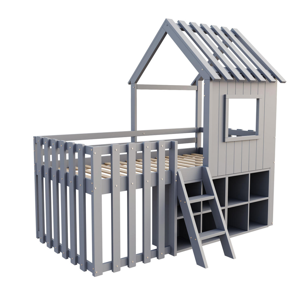 KINDERBETT 90/200 cm in Grau Massivholz mit Stauraum und Hausbett-Design - Grau, Holz/Holzwerkstoff (90/200cm) - WISHDOR