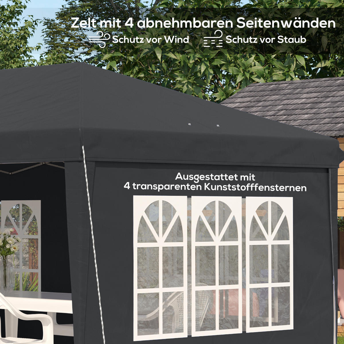 PAVILLON ca. 3x6m Wasserdicht Pop-up Faltpavillon mit 4 Seitenwänden, Fenster - Schwarz, Textil (295/270/585cm) - Outsunny