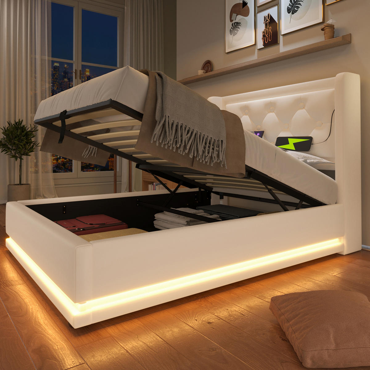 POLSTERBETT 90/200 cm Weiß PU mit hydraulischem Stauraum und LED-Beleuchtung Mit Matratze - Weiß, Kunststoff (90/200cm) - OKWISH