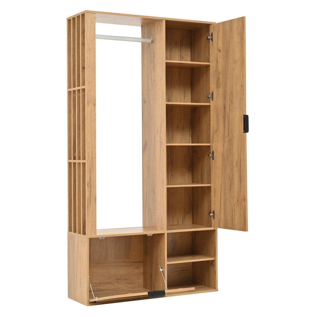 GARDEROBENSCHRANK mit Spiegel 100 x 33 x 190 cm Holzoptik mit 9 Ablagefächern - Braun, Holzwerkstoff (33/190/100cm) - Beauniv