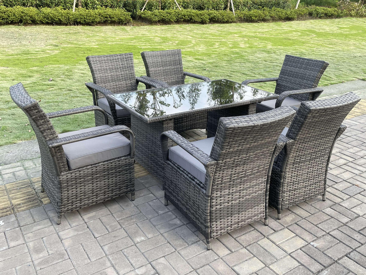 GARTENTISCHGRUPPE Polyrattan 6-Sitzer - Dunkelgrau/Grau, Glas/Kunststoff - Fimous