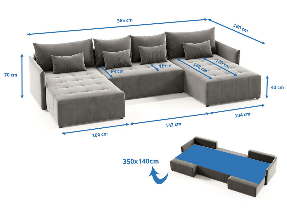 WOHNLANDSCHAFT Leno U - Schwarz, Holz/Textil (365/80/180cm) - Sofnet