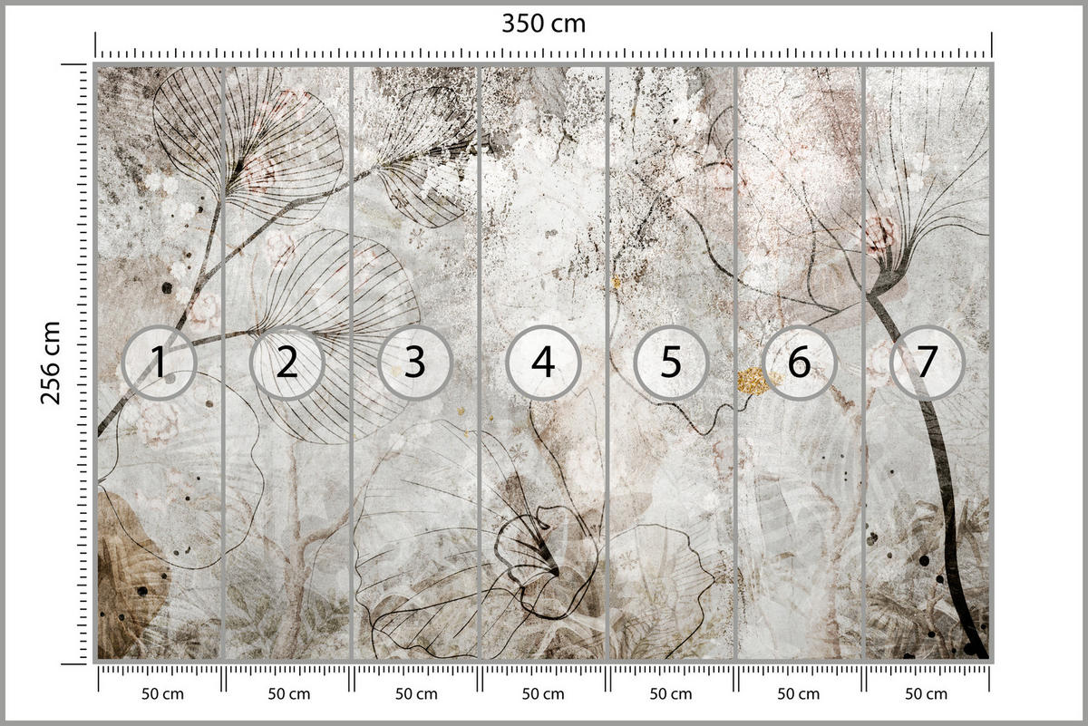 FOTOTAPETE für Wohnzimmer Vintage Blätter Blumen Beton Abstrakt 350x256 - Gelb/Orange, Papier (350/256cm) - Muralo