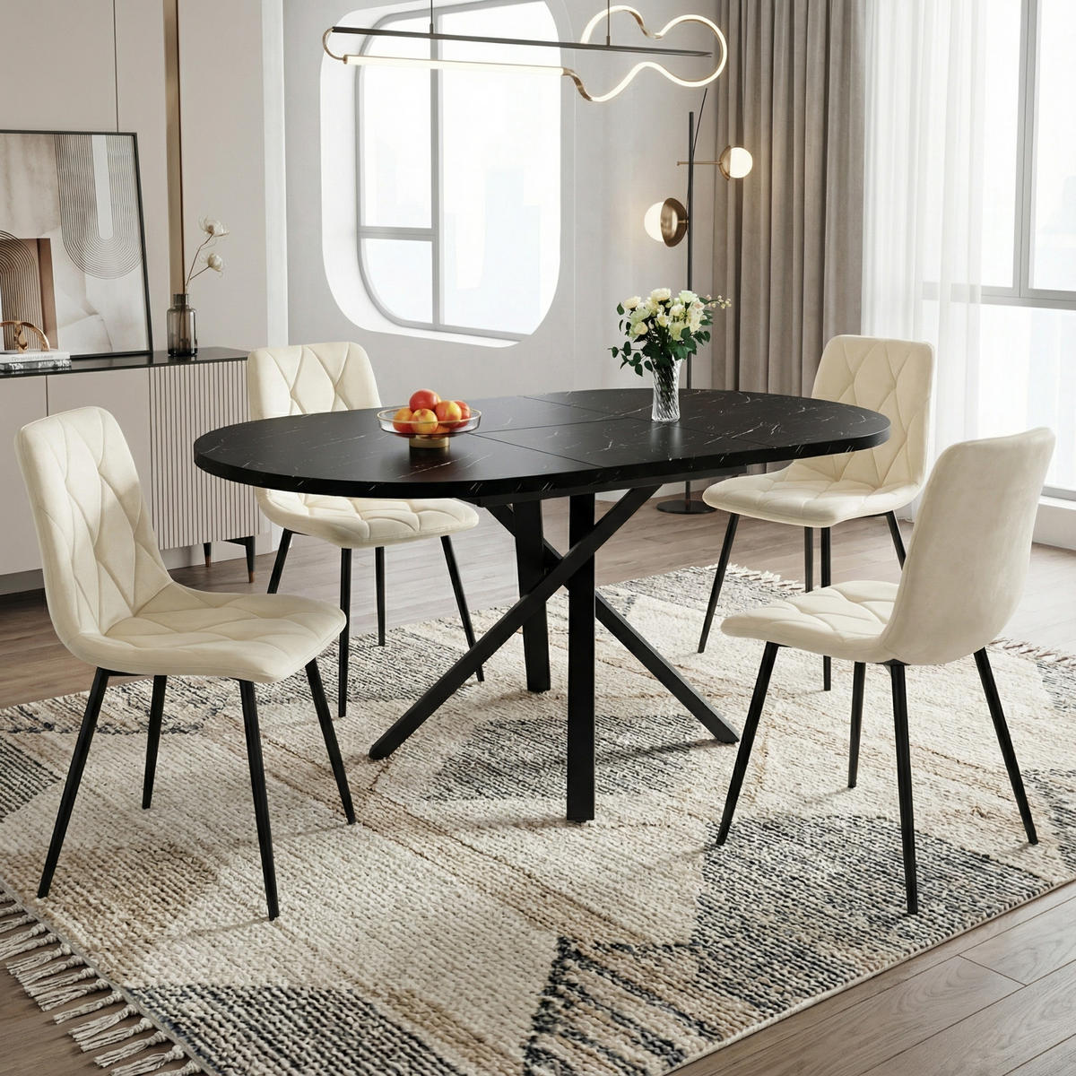 ESSGRUPPE 5-teilige Ausziehbarer Esstisch & 4 Samtstühle - Weiß, Holzwerkstoff (140/76/100cm) - Urban Meuble